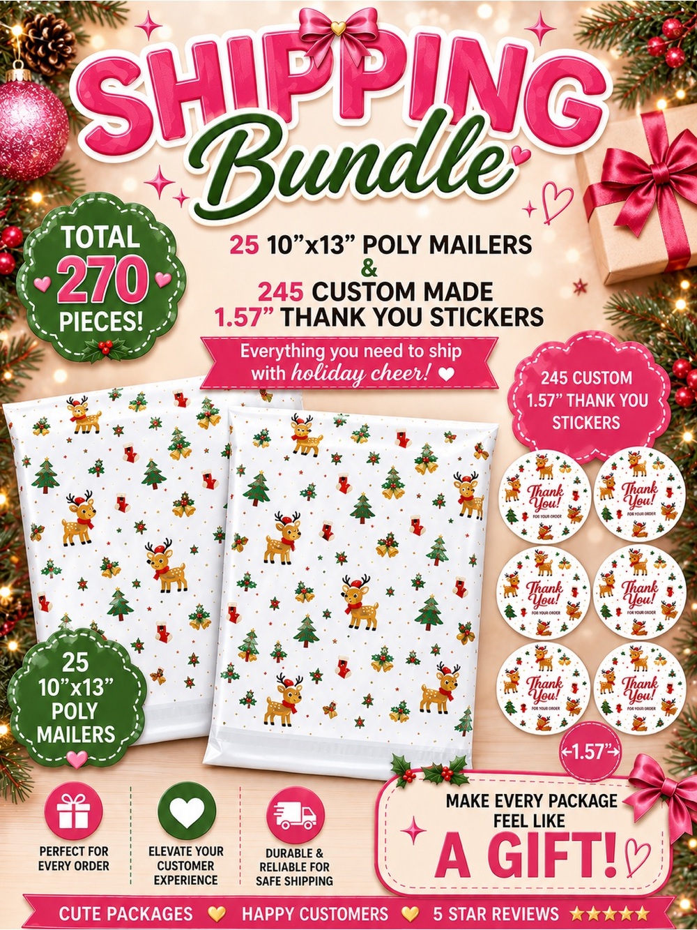 270PC Shipping Bundle: 10x13 Poly Mailers & 245 1.57” Thank You Stickers
